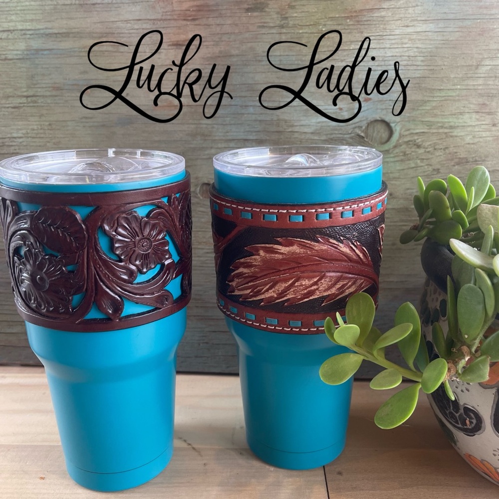 30oz Insulated Western Stamped & Hide Leather Sleeve Tumblers Handmade - Picture 5 of 5